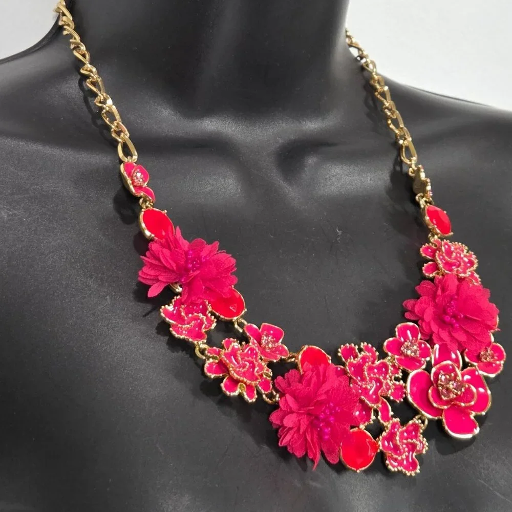 Talbots Necklace Pink Floral Anemone CZ Statement Gold Tone Prom Wedding Party - Picture 2 of 6